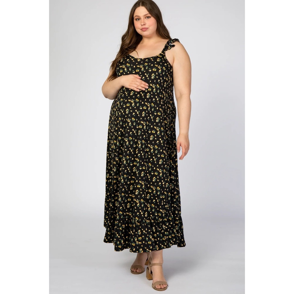Ninexis Maxi Dress Women's Plus 3X Black Ruffle Floral Cottagecore Maternity NWT